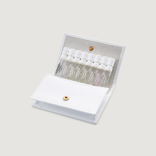 White leather wallet with 8 samples inside